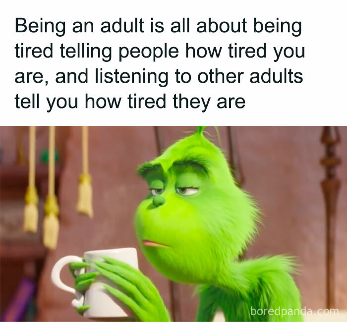 Grumpy green character holding a mug with text about adult tiredness, featuring a funny meme on life not taken seriously.