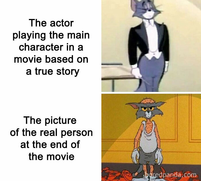 Meme showing a contrast between a polished actor and a worn-out real person, highlighting funny and random memes humor.
