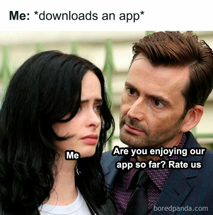 Woman labeled me looking uncomfortable while man labeled app rating asks are you enjoying our app in a funny meme about apps.
