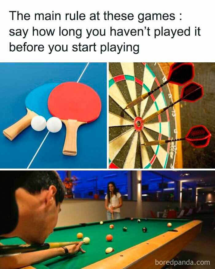 Table tennis paddles and balls, darts hitting a target, and people playing pool illustrating funny and random memes.