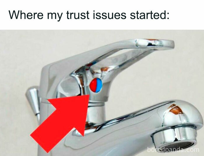 Close-up of a faucet with a red arrow pointing to mixed hot and cold water handle, illustrating funny and random memes.