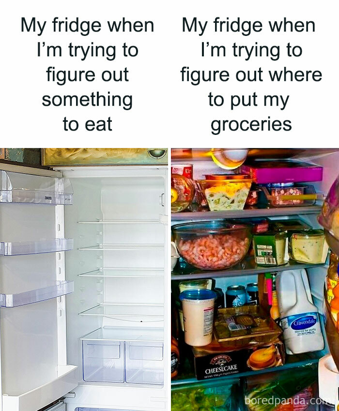 Empty fridge on left and fully packed fridge on right, illustrating funny and random memes about relatable everyday moments.