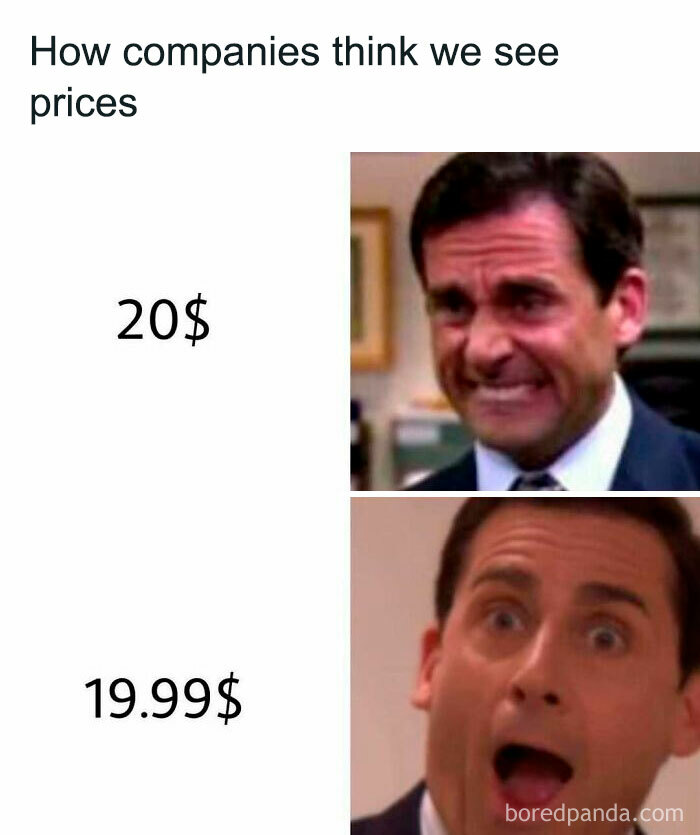 Man reacting with funny disbelief to prices in a meme about how companies think we see prices, funny and random memes concept.