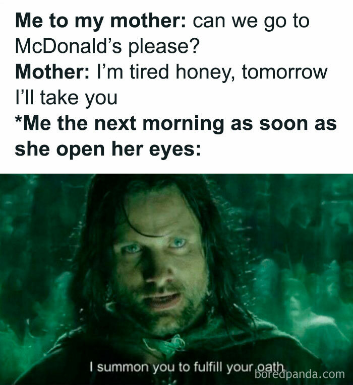 Meme showing a funny interaction between mother and child with a demand to fulfill an oath, funny memes concept.
