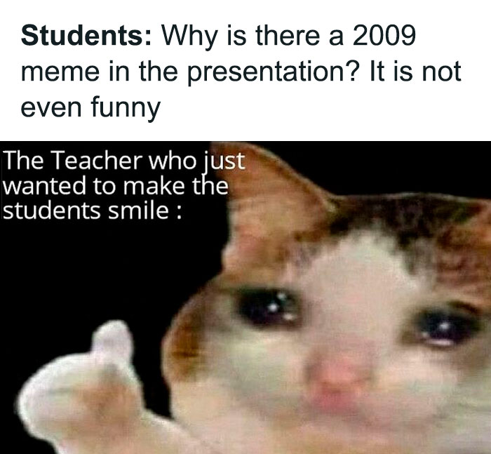 Cat meme showing a sad teacher trying to make students smile, related to funny and random memes.