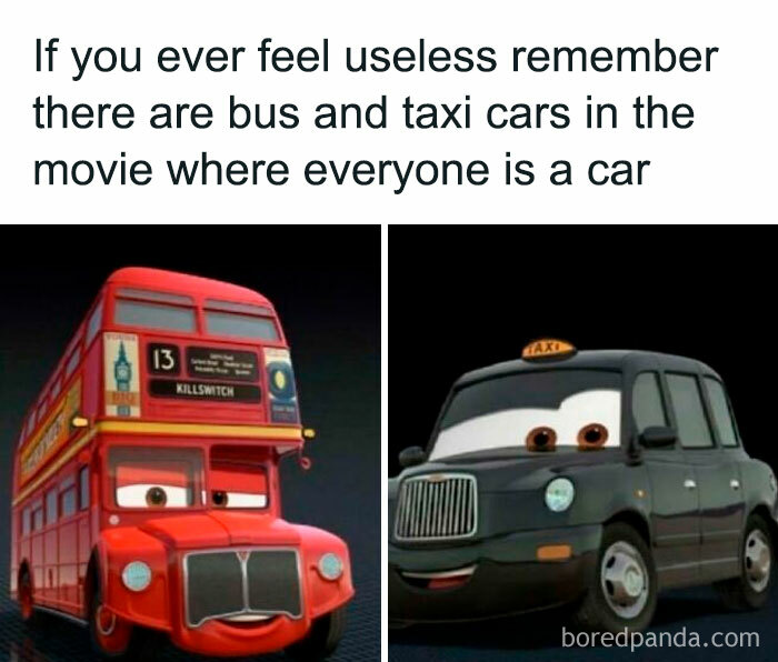 Animated red bus and black taxi car with eyes from a movie, illustrating a funny and random meme about feeling useless.