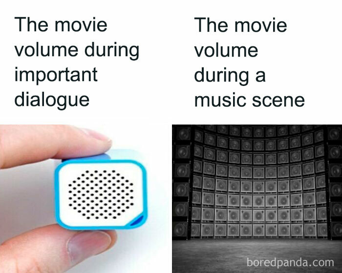 Small speaker held between fingers versus huge wall of speakers illustrating funny and random memes about volume differences in movies.