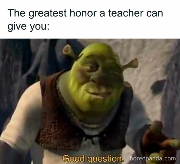 Shrek character with text about the greatest honor a teacher can give, funny and random memes theme.