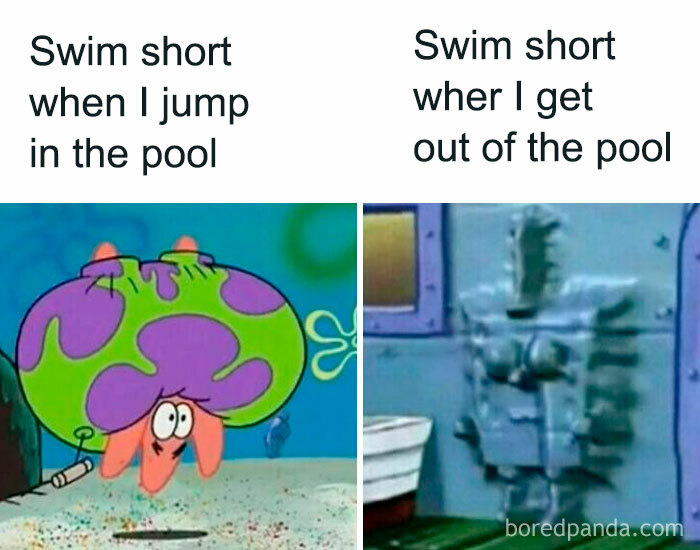 Funny and random meme showing a character’s swim shorts puffed underwater and flattened after exiting the pool.