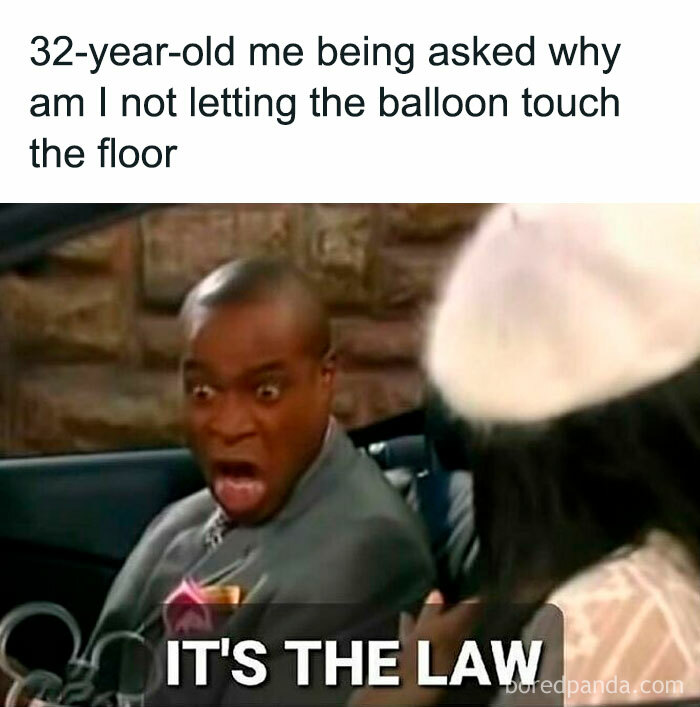 Man making a shocked face with text about not letting a balloon touch the floor, relating to funny and random memes.