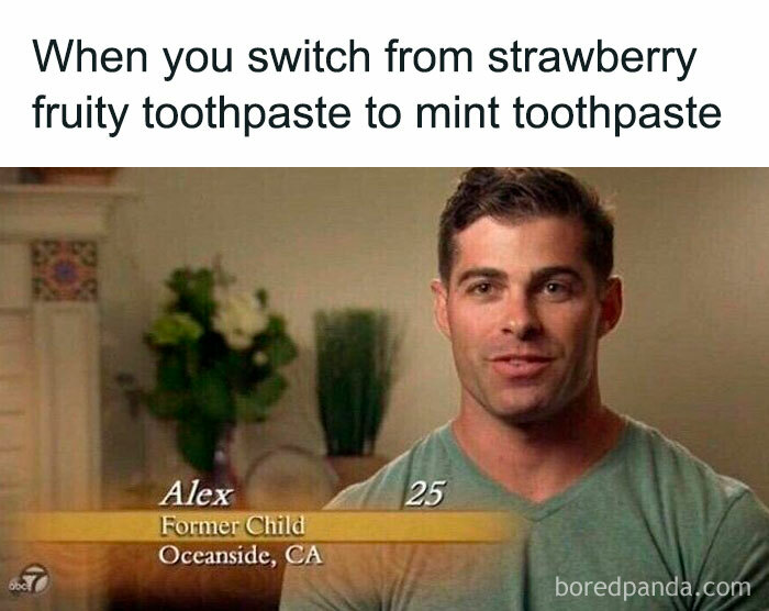 Man named Alex reacting humorously to switching from strawberry fruity toothpaste to mint toothpaste in funny memes.