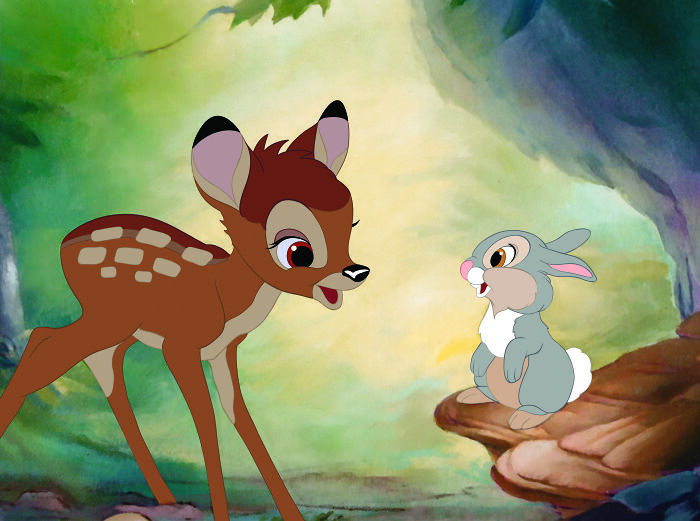 Bambi and Thumper animated characters in a colorful forest scene from a classic Disney movie for rate Disney movies poll