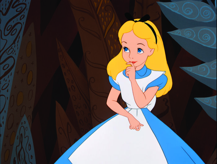 Alice from the classic Disney animated movie standing thoughtfully in a colorful forest scene for Rate Disney Movies Poll.