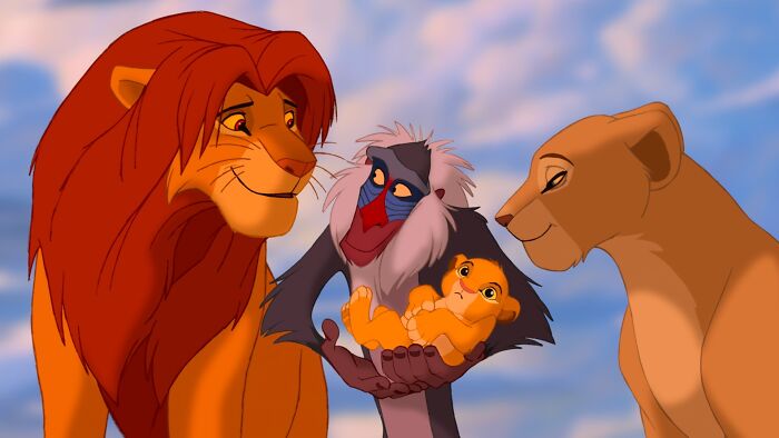 Simba, Mufasa, Rafiki, and Nala from Disney animated movie scene in vibrant colors for rate Disney movies poll.