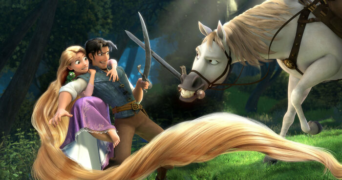 Animated characters from a Disney movie with a girl, a boy holding swords, and a horse in a forest, rate Disney movies poll.