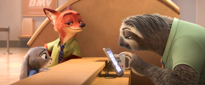 Animated fox, rabbit, and sloth characters at a desk using a tablet, illustrating a Rate Disney Movies poll concept.