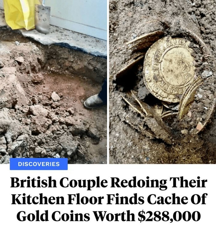 British couple uncover gold coins worth $288,000 while redoing kitchen floor in surprising interesting facts discovery.