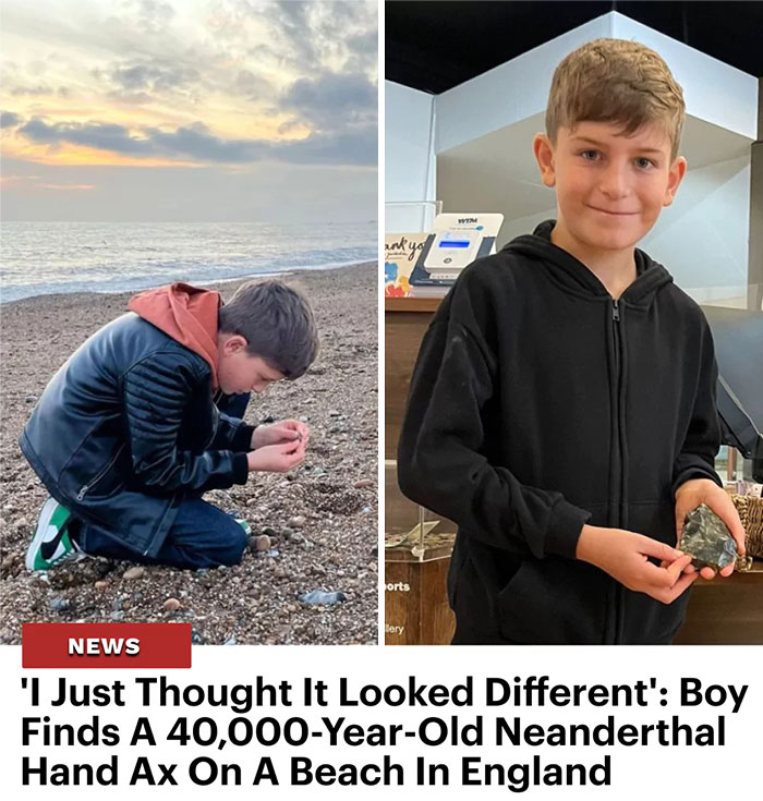 Boy discovering a 40,000-year-old Neanderthal hand ax on a beach, showcasing interesting facts and rare historical finds.