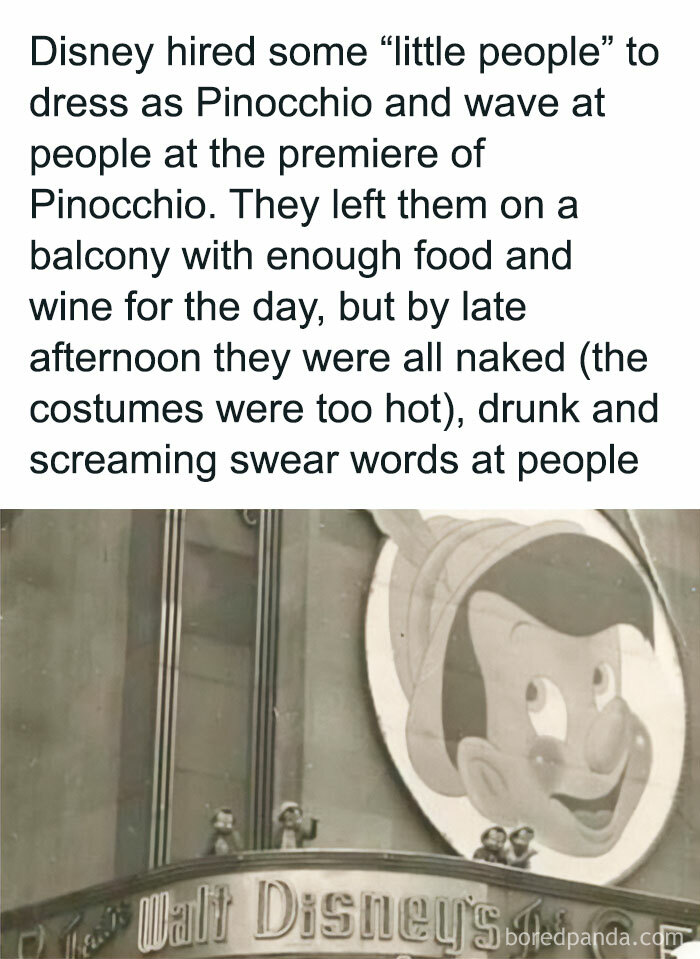 Black and white photo with text about Disney hiring "little people" to dress as Pinocchio at the premiere, an interesting fact.
