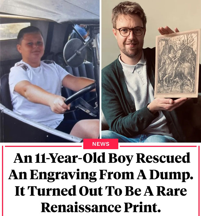 Young boy rescuing rare Renaissance print engraving, showcasing surprising and interesting facts about history.