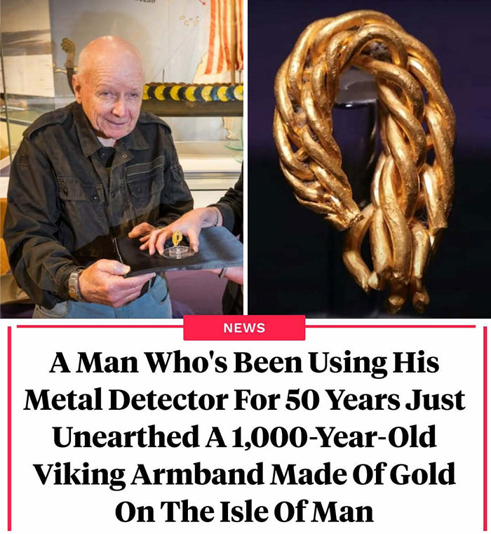 Elderly man holding a 1,000-year-old gold Viking armband unearthed with a metal detector on the Isle of Man