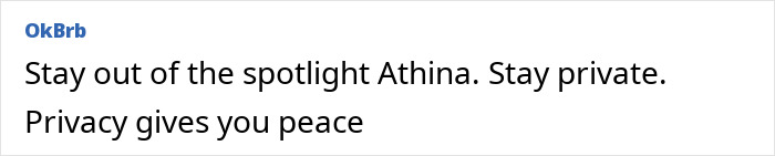 Text on screen showing a comment urging privacy for reclusive billionaire Athina Onassis who made a rare public appearance.