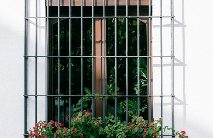 Window with metal bars and plants outside, illustrating signs to look out for to avoid unsafe neighborhoods.