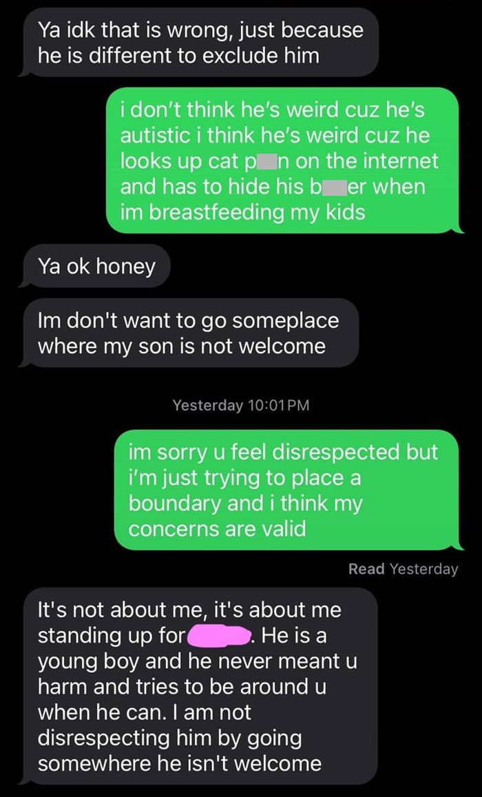 Text message conversation discussing safety concerns and boundaries involving an autistic family member and feelings of disrespect. - 17