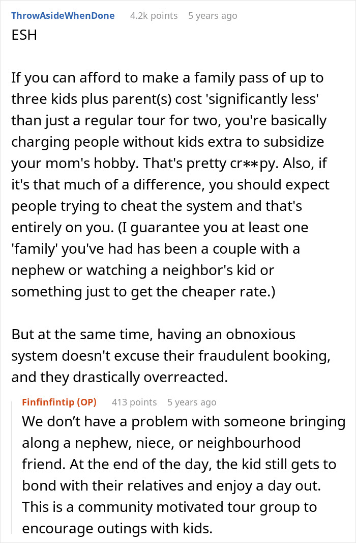 Screenshot of an online discussion about a tour company bombarded with bad reviews after turning away a childfree couple. - 24