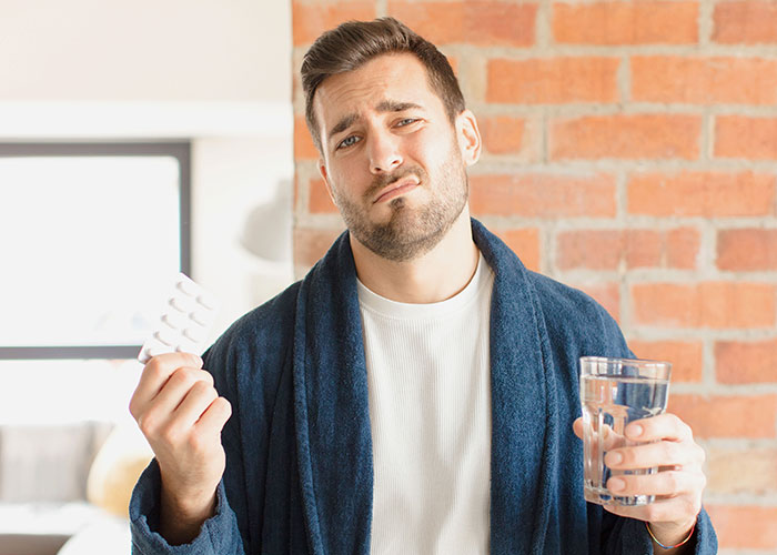 Man in a robe holding pills and a glass of water, illustrating seemingly harmless things that are actually very dangerous.