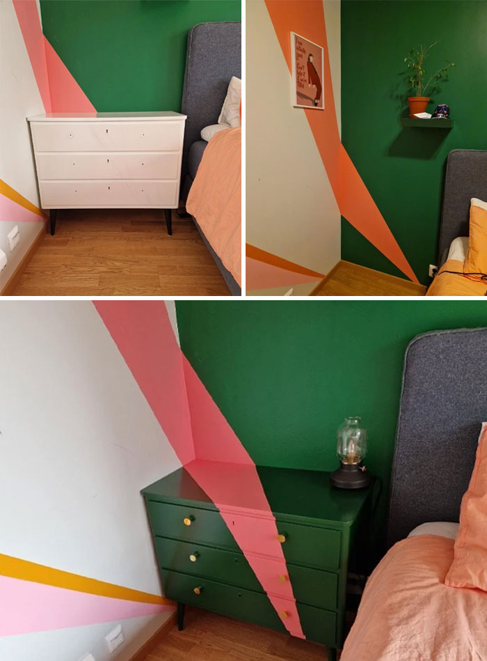Furniture flipping pros showcase creative before and after dresser transformations with bold color and design choices.