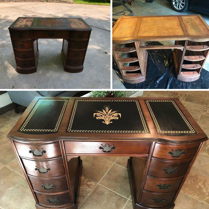 Before and after images of furniture flipping pros restoring and refinishing a vintage wooden desk.