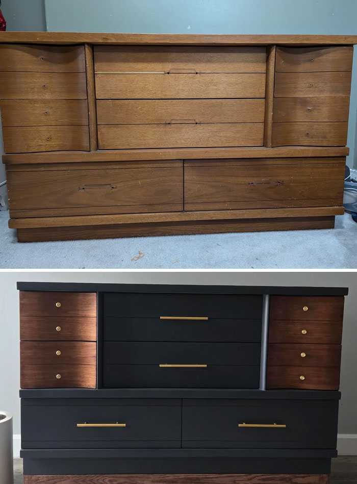 Before and after photo of a furniture flipping project showcasing a transformed wooden dresser with modern black and wood finish.