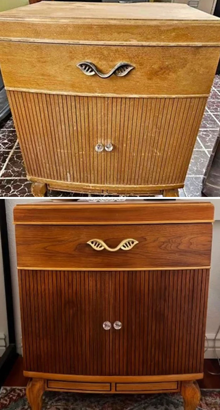 Before and after furniture flipping pros restored a vintage wooden cabinet to a polished and refined condition.