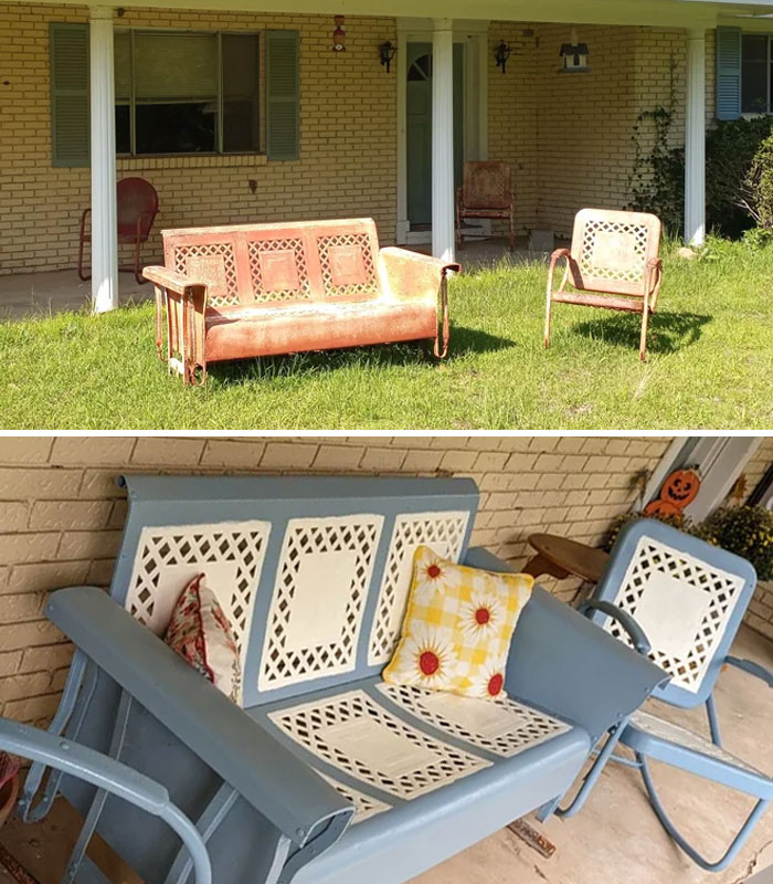 Before and after images of metal patio furniture showing expert furniture flipping pros restoration and painting skills.