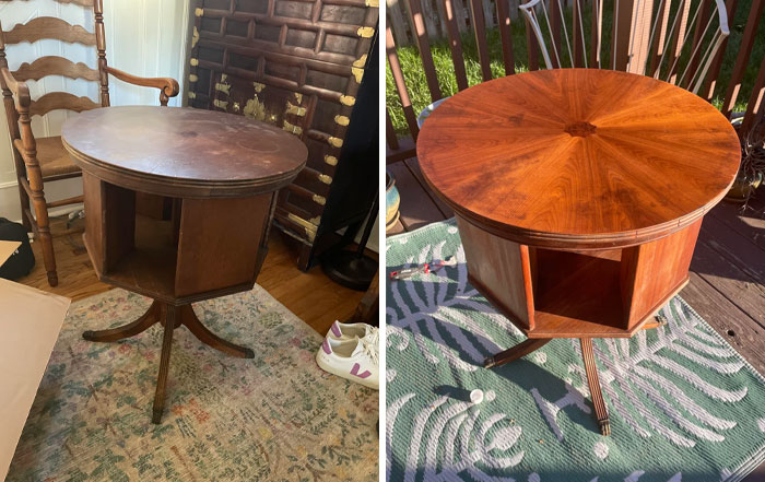 Before and after photos of furniture flipping pros restoring a wooden round table to a polished and vibrant finish.