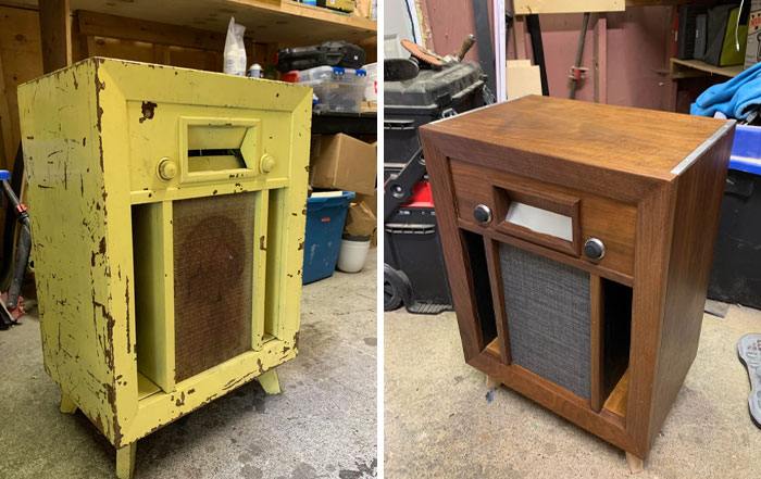 Before and after photos of a furniture flipping project transforming a worn yellow cabinet into a polished wooden piece.