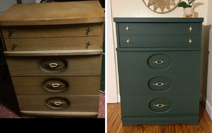 Before and after images of furniture flipping showing a vintage chest of drawers transformed with modern dark green paint and gold hardware.