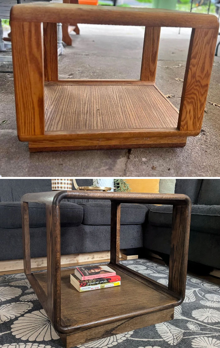 Before and after furniture flipping project showing a transformed wooden side table with a dark stain finish.
