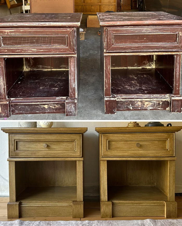 Before and after image of furniture flipping pros transforming old nightstands into polished wooden pieces.