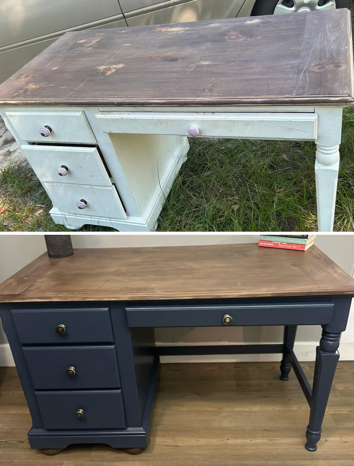 Before and after images of a furniture flipping project showing a restored and refinished wooden desk.