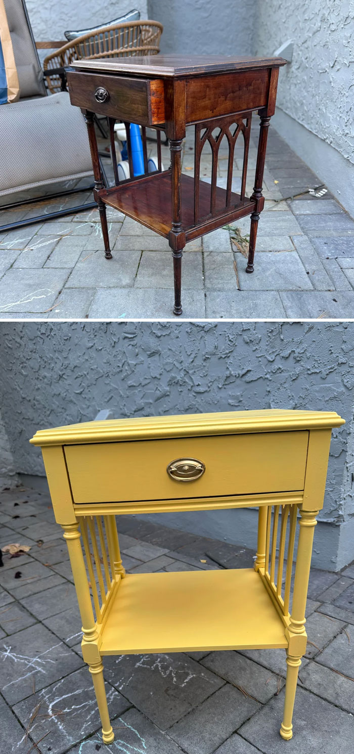 Before and after photos of a furniture flipping project showing an old wooden side table transformed with yellow paint.
