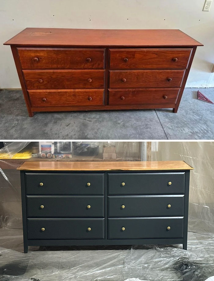 Before and after images of a furniture flipping project showing a dresser transformed by furniture flipping pros.