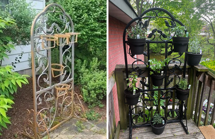 Wrought iron furniture flipping project transformed into a creative outdoor plant holder with multiple pots and decorative details.