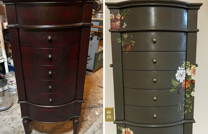 Before and after images of furniture flipping showing a dark wooden dresser transformed with gray paint and floral designs.