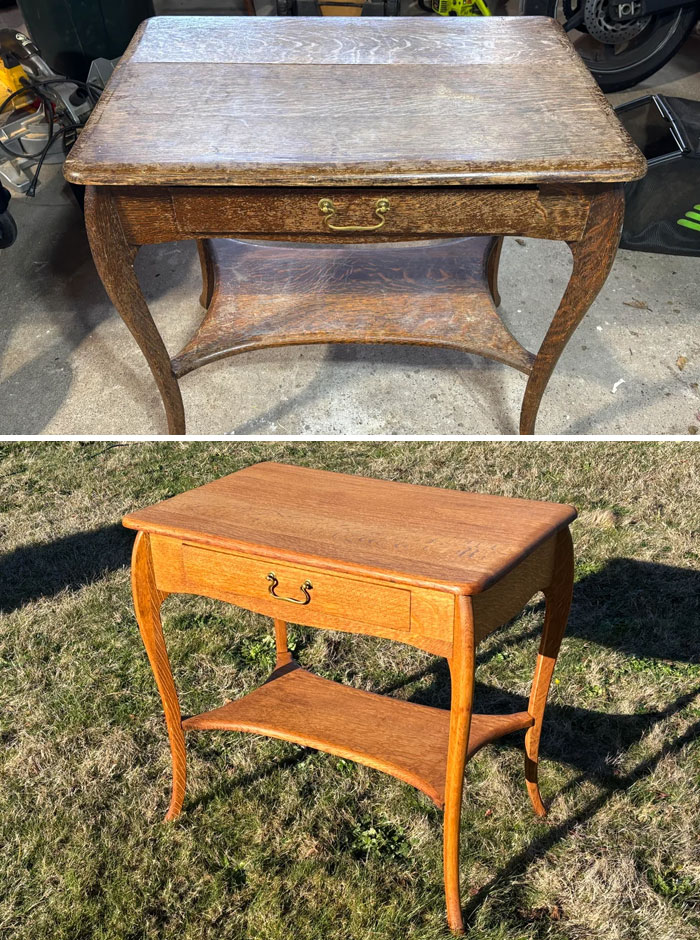 Before and after images of furniture flipping showing a worn wooden table transformed into a beautifully restored piece by pros.