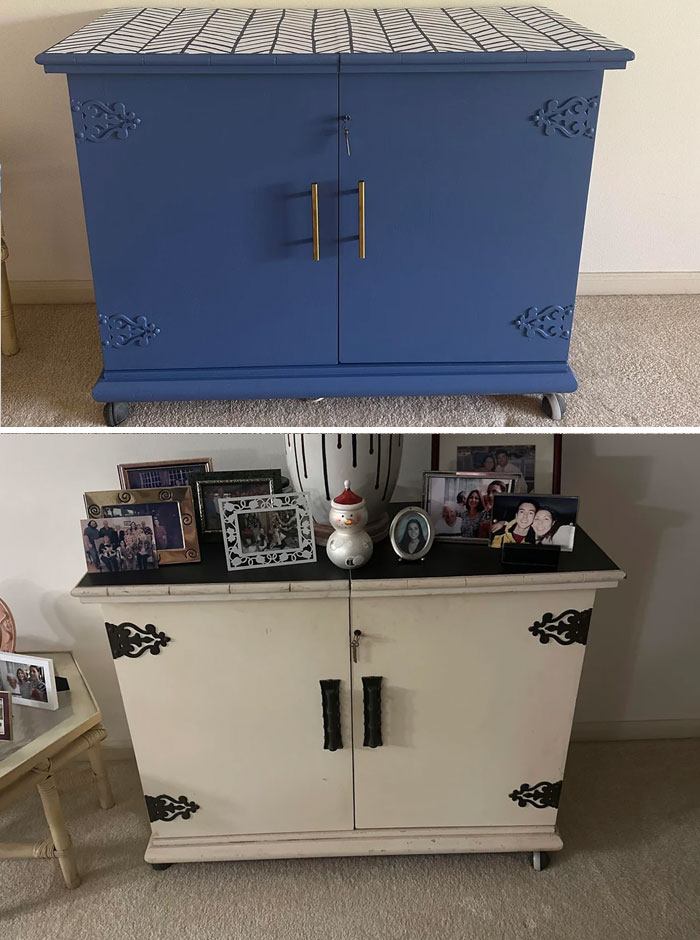 Before and after furniture flipping pro project showing a white cabinet transformed into a stylish blue storage piece.