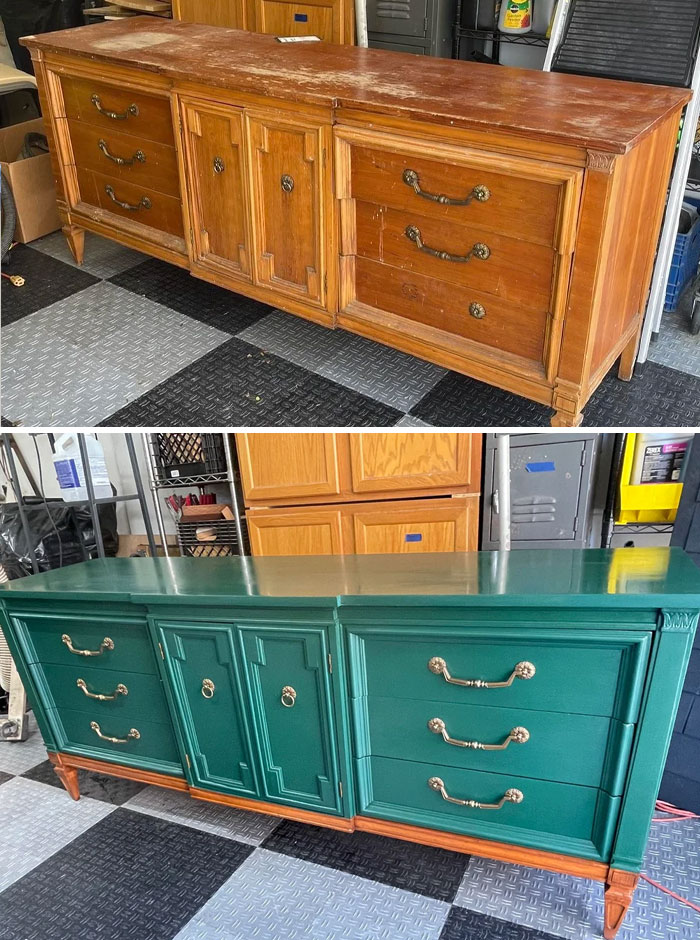 Before and after images of furniture flipping pros transforming an old wooden dresser to a stylish green finish.