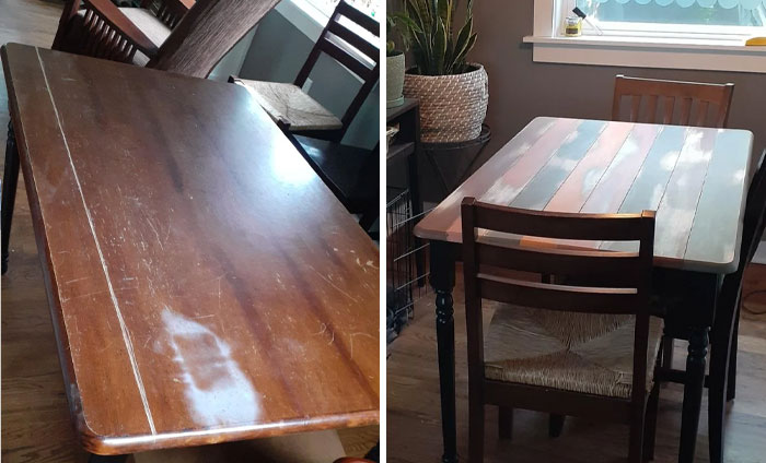 Before and after photo of a furniture flipping project showing pros restoring a wooden dining table and chairs.