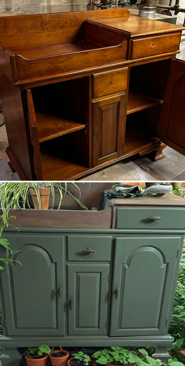 Before and after furniture flipping pro project showing wooden cabinet transformed with green paint and new hardware.